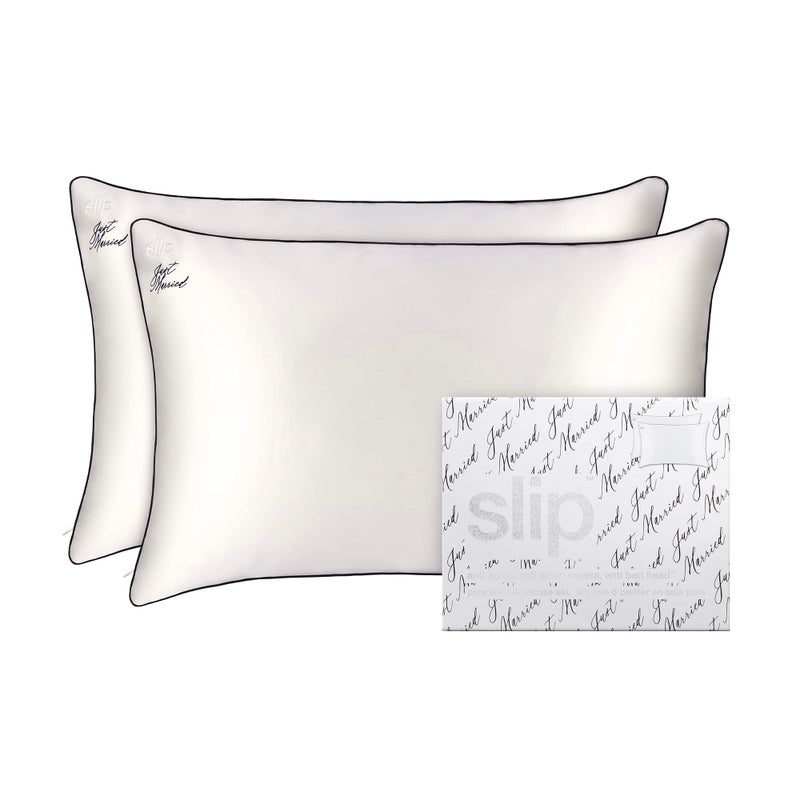 SLIP slip The Original Just Married Pillowcase Set | 100% Pure Mulberry Silk | Soft & Smooth for a Luxurious Sleep | Includes 2 Pillowcases, Prevents Hair Breakage, Skin Friendly  - Image 1