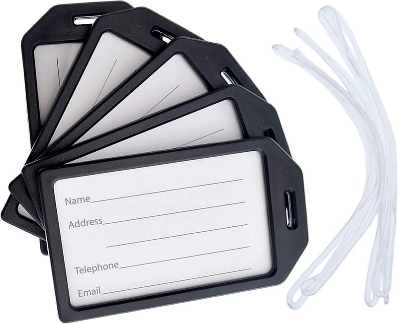 Specialist ID 5 Pack - Premium Rigid Airline Luggage Tag Holders with 6" Worm Loops - Heavy Duty Hard Plastic -Suitcase ID Tag Identifiers with Business Card Insert Window by (Black) - Image 1