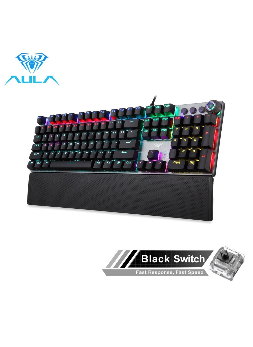 Mechanical Gaming Keyboard NKRO with Wrist Rest RGB Backlit Volume/Lighting Control Knob Fully Programmable 108-Keys Anti-Ghosting Wired Computer Keyboards for Office/Games, Black Switch 