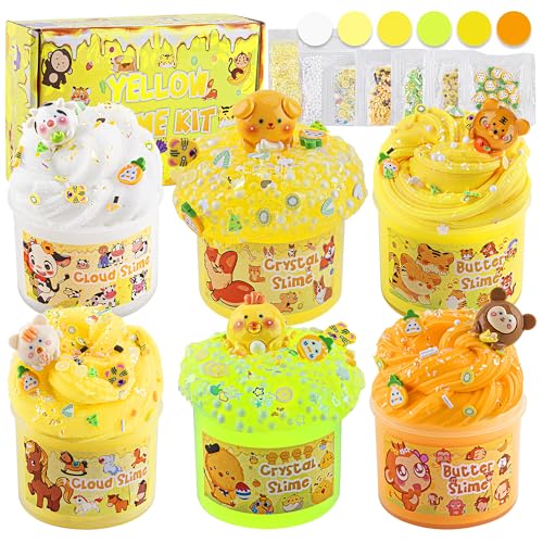 LAWOHO 6 Packs Gradient Yellow Slime Kit Clear Butter Cloud Slimes Fluffy Slimes for Kids with Charms Animal Addins Party Favors for Girls Boys 360ml Non Stick Slime Making Kit for Kids - Image 1