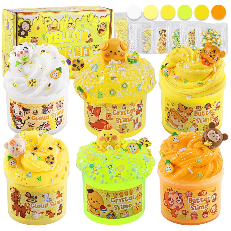 LAWOHO 6 Packs Gradient Yellow Slime Kit Clear Butter Cloud Slimes Fluffy Slimes for Kids with Charms Animal Addins Party Favors for Girls Boys 360ml Non Stick Slime Making Kit for Kids - Image 3