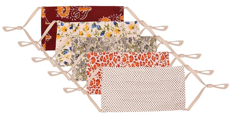Touchstone Floral Fabric Adjustable filter pocket nose bridge 2 layer anti-pollution smog cold cough protective cotton face mask reusable washable for men women (Pack of 5). Yellow Black Maroon Brown - Image 2