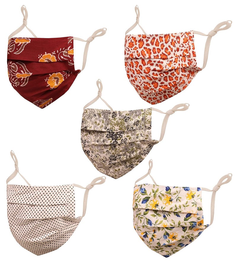 Touchstone Floral Fabric Adjustable filter pocket nose bridge 2 layer anti-pollution smog cold cough protective cotton face mask reusable washable for men women (Pack of 5). Yellow Black Maroon Brown - Image 1
