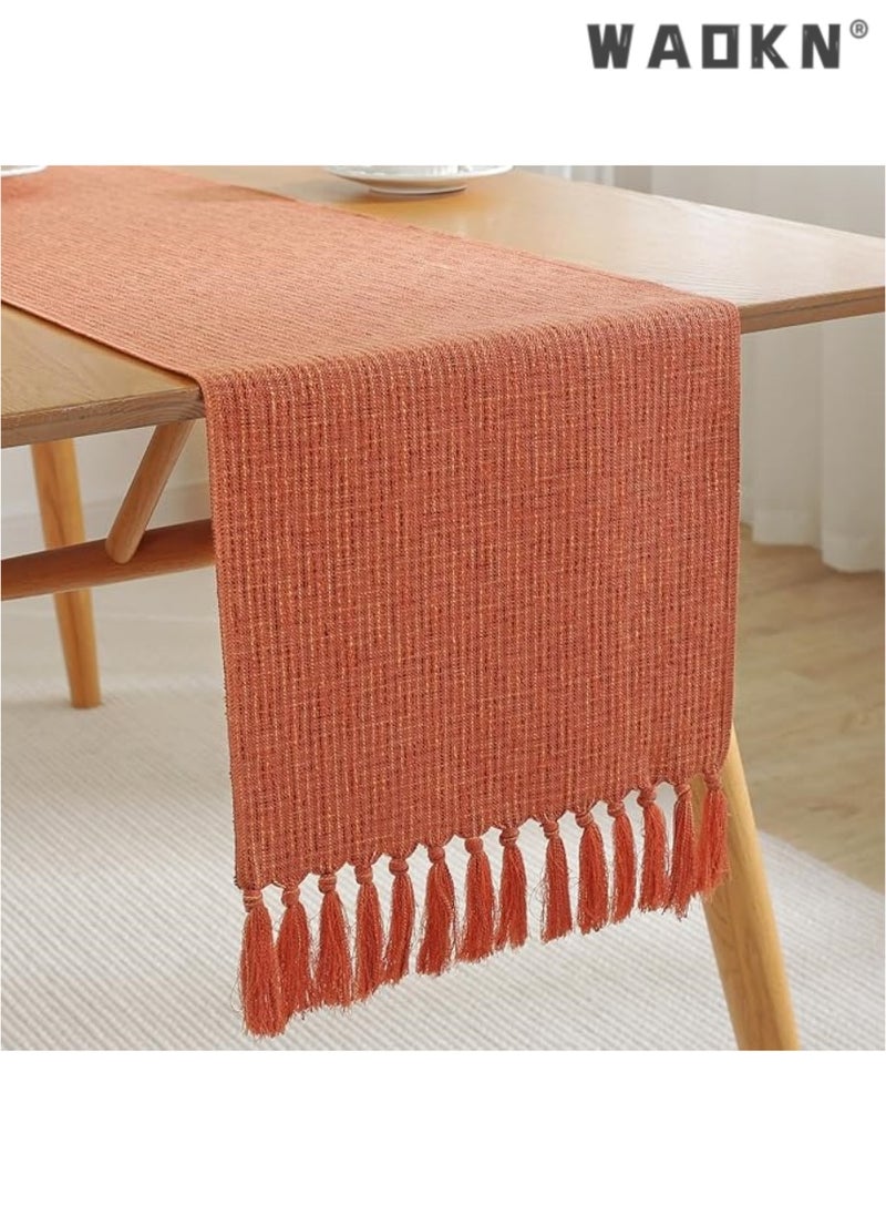 WAOKN Table Runner, 33 * 183 CM Burlap Table Runner for Modern Farmhouse Decor, Natural Cotton Woven Runner with Tassels for Wedding Party Farmhouse Dining Table Decor  - Image 5