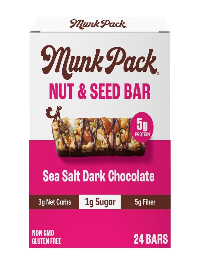 Munk Pack ألواح وجبات خفيفة من مونس باك بالشوكولاتة الداكنة وملح البحر والمكسرات والبذور | 5 جرام بروتين، 1 جرام سكر، 3 جرام كربوهيدرات صافية | نباتية، منخفضة السكر، غير معدلة وراثيًا، خالية من الغلوتين، وجبات خفيفة | 24 قطعة (4.92 أونصة)  - Image 1