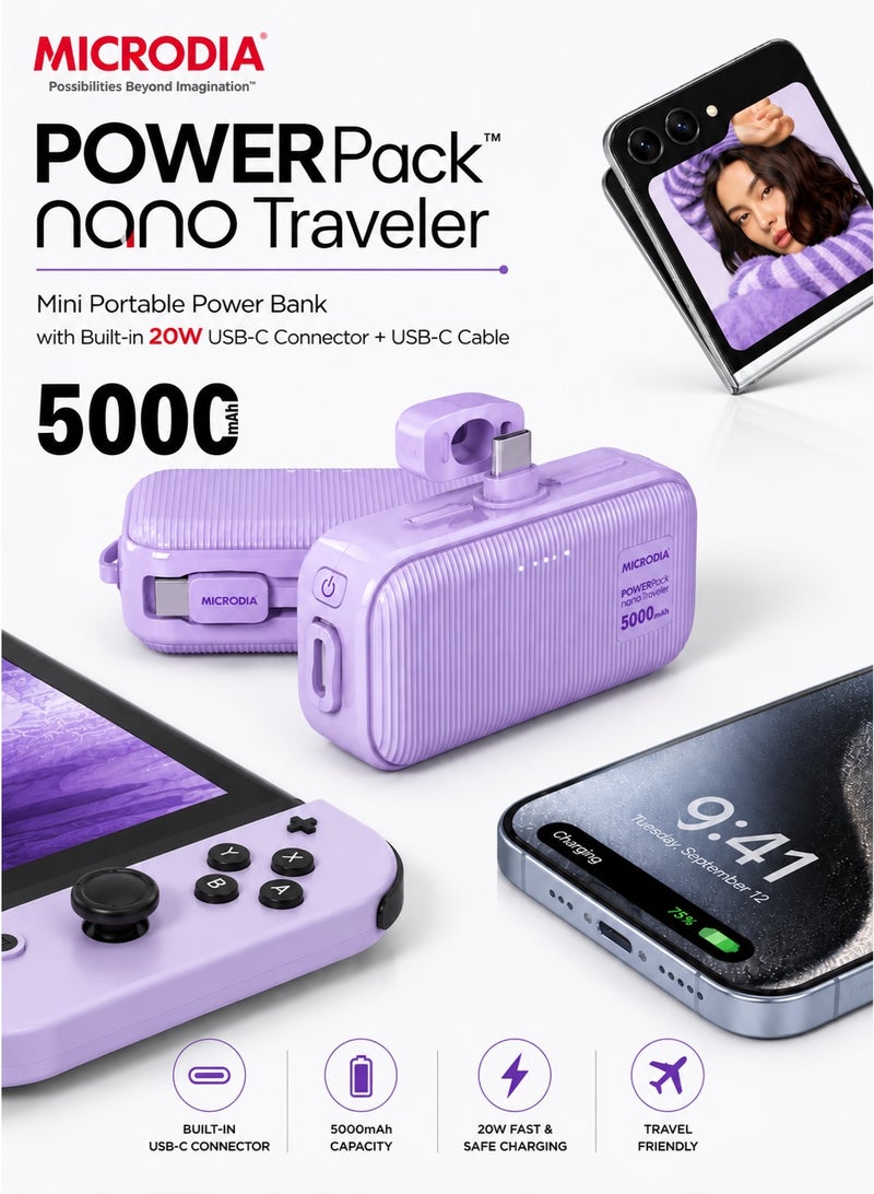 ميكروديا بنك طاقة صغير مايكروديا نانو ترافيلر 2 في 1 بقوة 20 واط، مزود بمنفذ USB-C مدمج، وسعة 5000 مللي أمبير - شاحن محمول صغير الحجم لأجهزة آيفون وسامسونج وغيرها - بنفسجي - Image 4