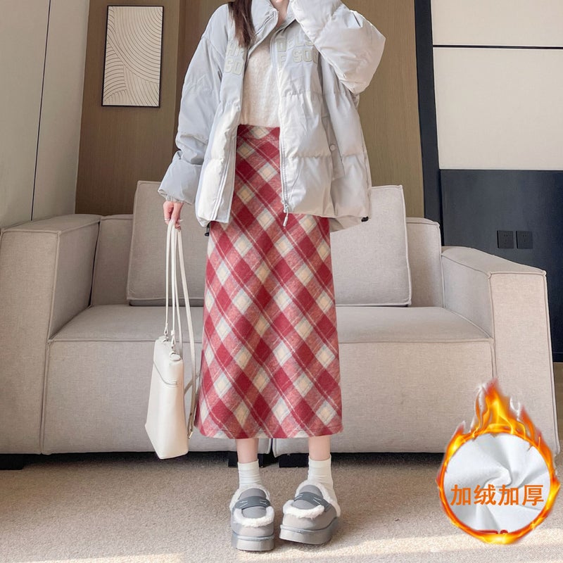 Woolen Hip Skirt Autumn and Winter New Arrival Long Skirt Womens All-Match High Waist Slimming Ace Retro Twill Plaid Skirt Red [velvet style]