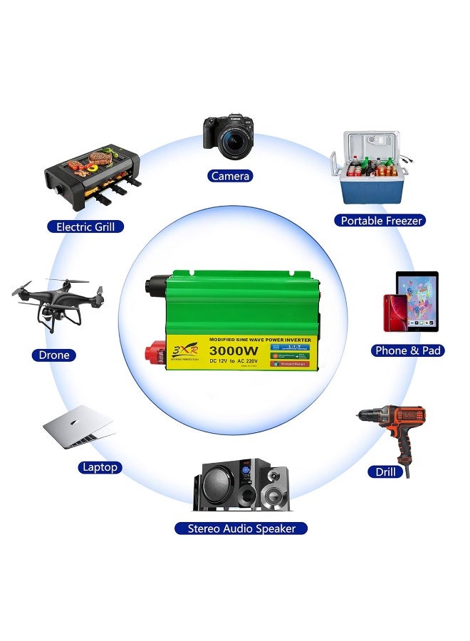 3 اكس ار محول طاقة 3000 واط من 12 فولت إلى 220 فولت تيار متردد، عاكس سيارة بموجة جيبية معدلة مع مراوح تبريد مزدوجة، منفذ تيار متردد عالمي، منفذ USB، حماية من الحمل الزائد والدائرة القصيرة - مثالي للتخييم والمركبات الترفيهية ونظام الطاقة الشمسية - Image 4