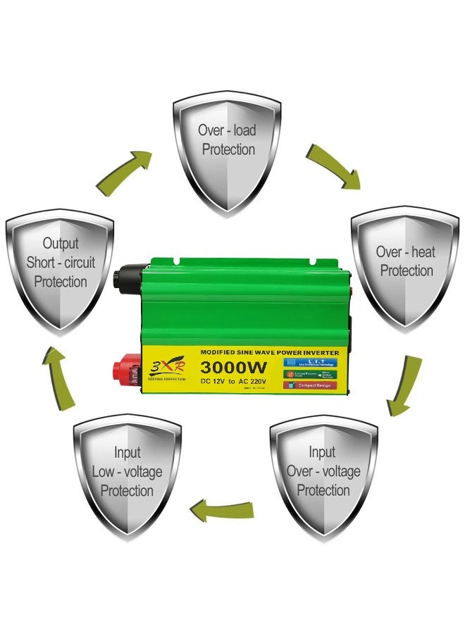 3 اكس ار محول طاقة 3000 واط من 12 فولت إلى 220 فولت تيار متردد، عاكس سيارة بموجة جيبية معدلة مع مراوح تبريد مزدوجة، منفذ تيار متردد عالمي، منفذ USB، حماية من الحمل الزائد والدائرة القصيرة - مثالي للتخييم والمركبات الترفيهية ونظام الطاقة الشمسية - Image 5