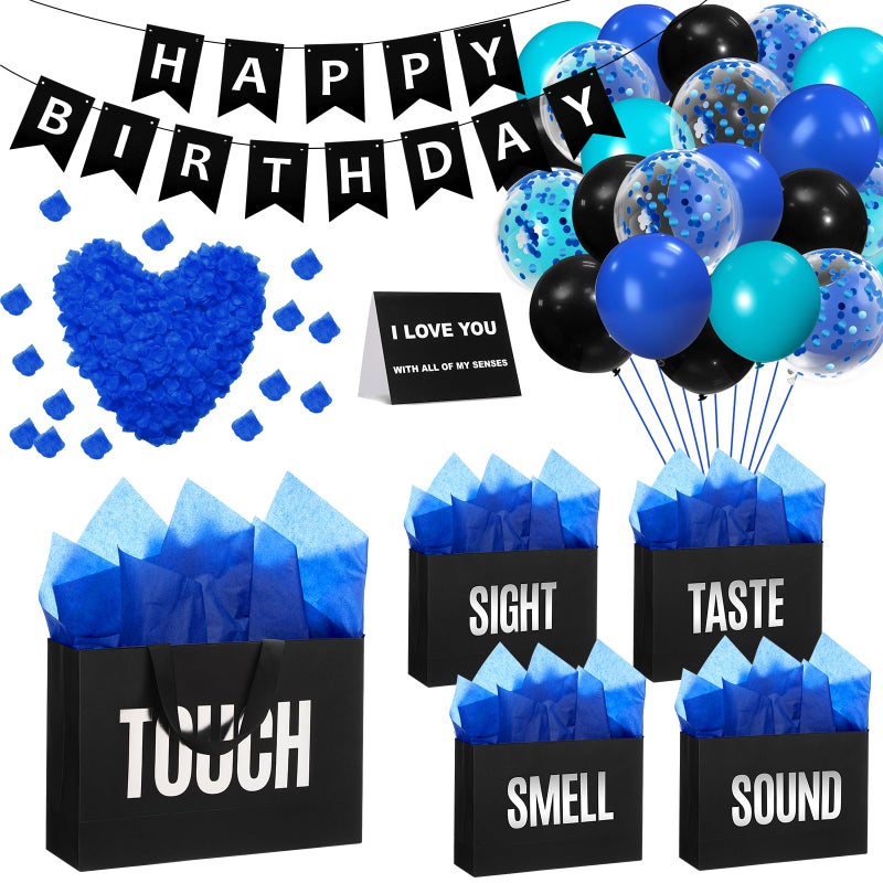 Soulchen 5 Senses Gift Bags for Him Her with Labels Five Senses Gift Birthday Party Decoration Tissue Paper Handles Comes with Rose Petals Banner Balloons for PartyBirthdayBlue Black - Image 2
