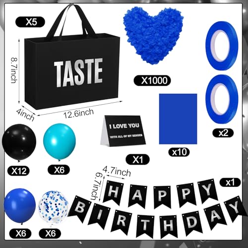 Soulchen 5 Senses Gift Bags for Him Her with Labels Five Senses Gift Birthday Party Decoration Tissue Paper Handles Comes with Rose Petals Banner Balloons for PartyBirthdayBlue Black - Image 3