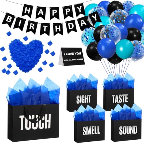 Soulchen 5 Senses Gift Bags for Him Her with Labels Five Senses Gift Birthday Party Decoration Tissue Paper Handles Comes with Rose Petals Banner Balloons for PartyBirthdayBlue Black - Image 1