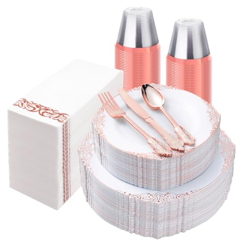 Bestluck 350PCS Rose Gold Plastic Plates for 50 Guests Disposable Dinnerware Set Includes 100 Disposable Plates 150 Rose Silverware 50 Cups 50 Napkins for Party Wedding - Image 2