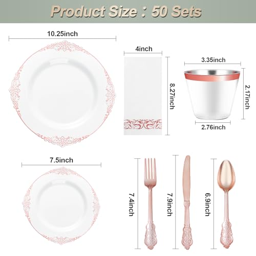 Bestluck 350PCS Rose Gold Plastic Plates for 50 Guests Disposable Dinnerware Set Includes 100 Disposable Plates 150 Rose Silverware 50 Cups 50 Napkins for Party Wedding - Image 5