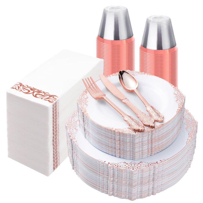 Bestluck 350PCS Rose Gold Plastic Plates for 50 Guests Disposable Dinnerware Set Includes 100 Disposable Plates 150 Rose Silverware 50 Cups 50 Napkins for Party Wedding - Image 3