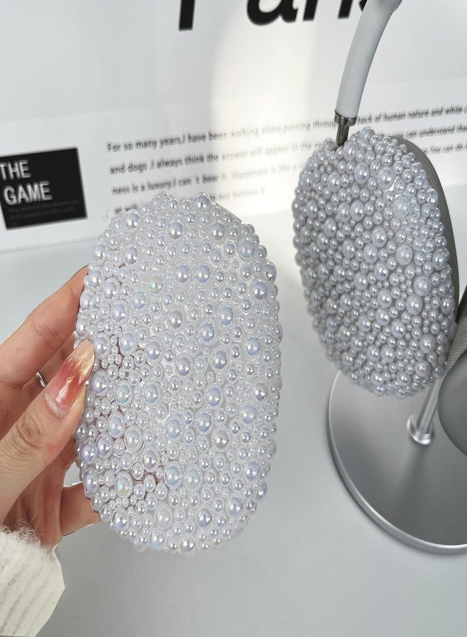 Olytop Glitter Pearls Case Cover for AirPods Max Headphones with Cleaner Pen Girls, Soft Handmade Beads TPU Ear Cups/Ear Pad/Headband Case Cover Silicone Protector for Apple Air Pod Max Accessories, White - Image 3
