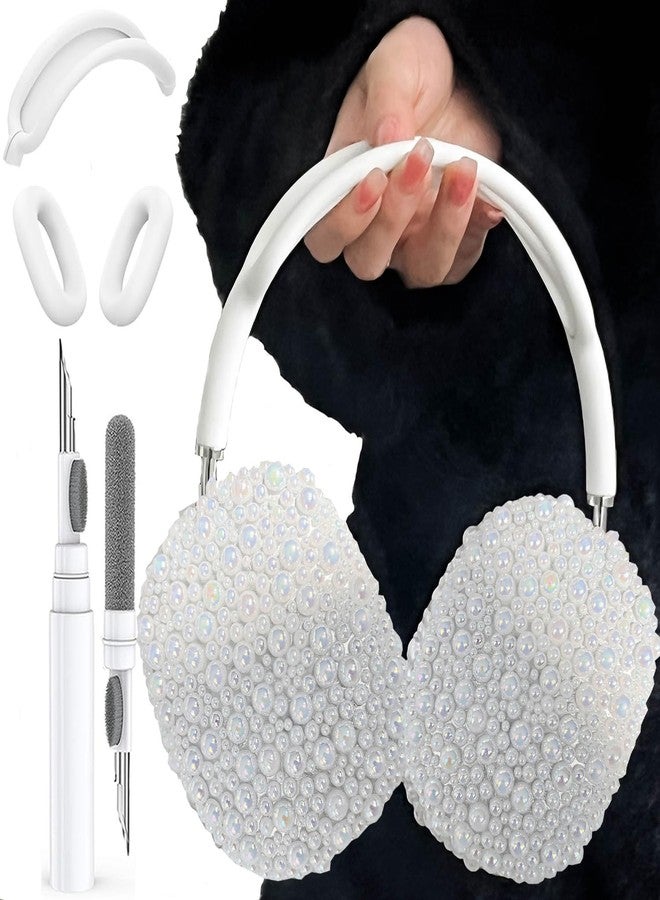Olytop Glitter Pearls Case Cover for AirPods Max Headphones with Cleaner Pen Girls, Soft Handmade Beads TPU Ear Cups/Ear Pad/Headband Case Cover Silicone Protector for Apple Air Pod Max Accessories, White - Image 1