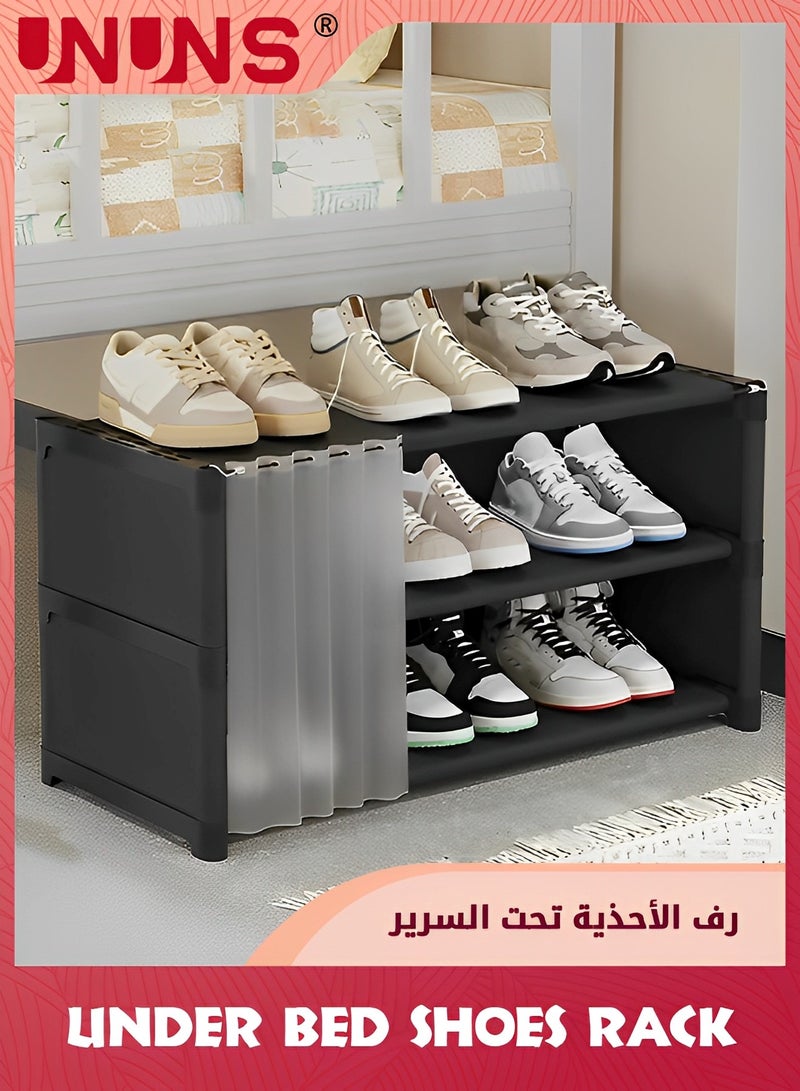 UNUNS Under Bed Shoes Rack,3-Piece Under Bed Storage With Door Curtain,Dustproof Under Bed Shoes Storage Organizer Drawer For Bedroom Clothes Shoes Blankets - Image 1