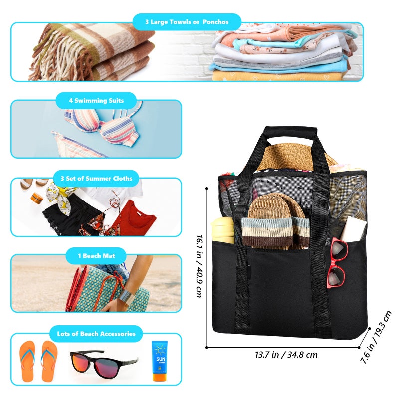 Cabilock Mesh Beach Bag Tote Bag Foldable Grocery Storage Bag with Extra 6 Exterior Pockets (Black) - Image 5