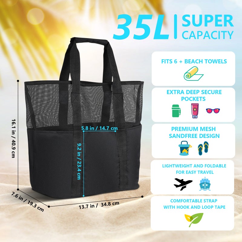 Cabilock Mesh Beach Bag Tote Bag Foldable Grocery Storage Bag with Extra 6 Exterior Pockets (Black) - Image 3