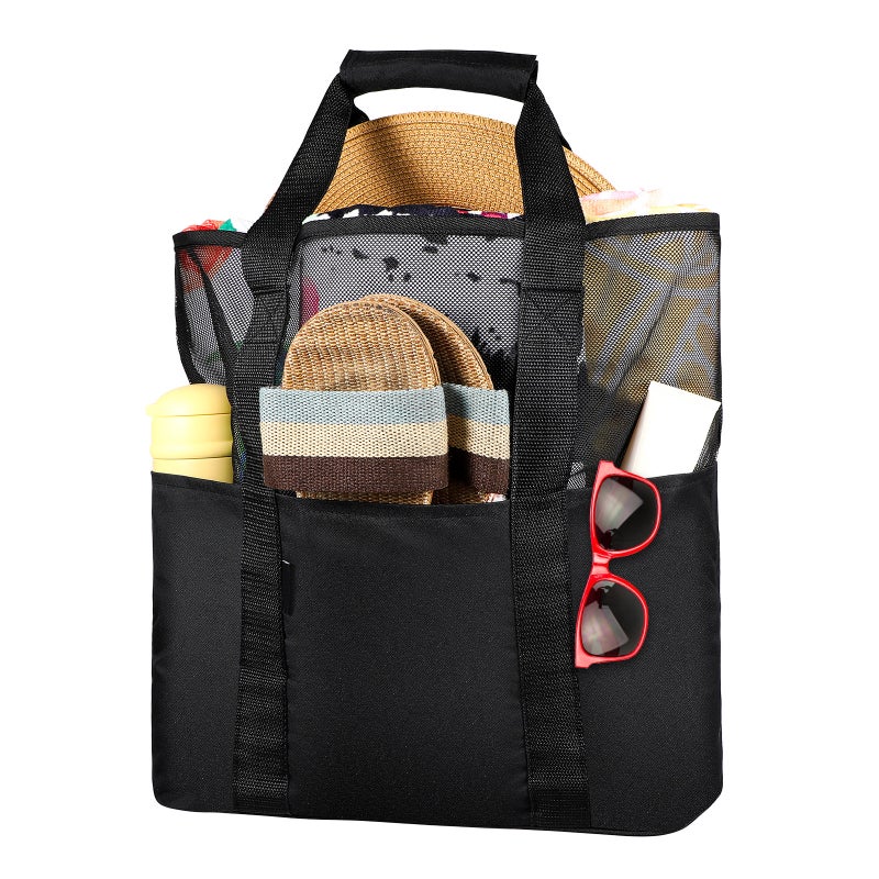 Cabilock Mesh Beach Bag Tote Bag Foldable Grocery Storage Bag with Extra 6 Exterior Pockets (Black) - Image 1
