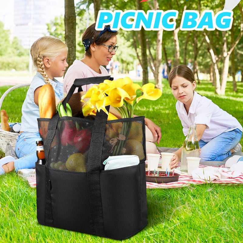 Cabilock Mesh Beach Bag Tote Bag Foldable Grocery Storage Bag with Extra 6 Exterior Pockets (Black) - Image 2