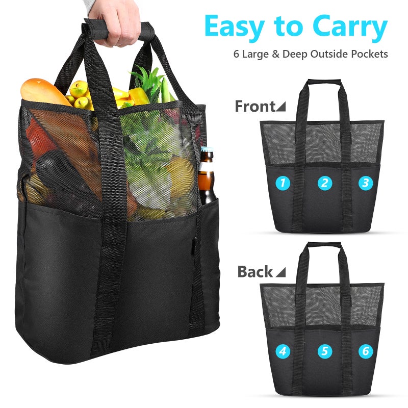 Cabilock Mesh Beach Bag Tote Bag Foldable Grocery Storage Bag with Extra 6 Exterior Pockets (Black) - Image 4