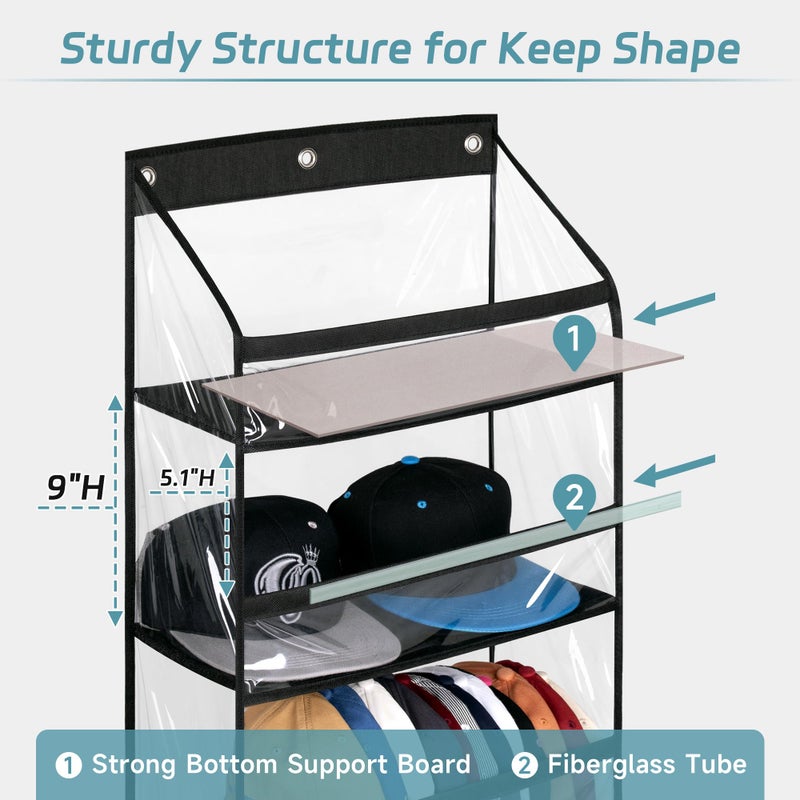 AOODA Clear Over The Door Hat Racks for Baseball Caps, Large Holds up to 72 Caps Hat Storage Organizer for Closet Wall, Deep Pockets Hanging Hat Holder with 3 Hooks, Black - Image 3