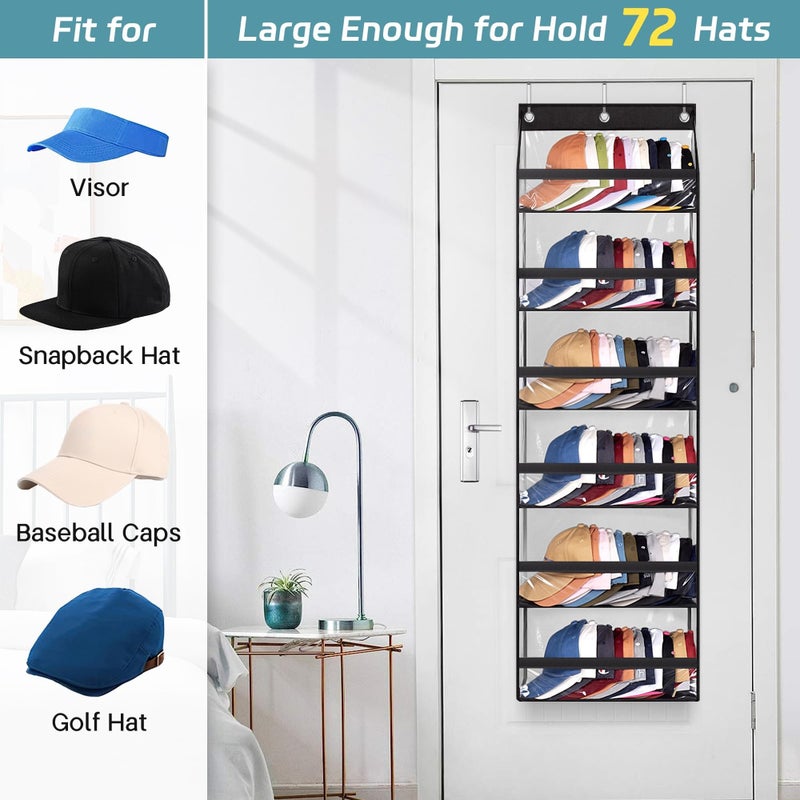 AOODA Clear Over The Door Hat Racks for Baseball Caps, Large Holds up to 72 Caps Hat Storage Organizer for Closet Wall, Deep Pockets Hanging Hat Holder with 3 Hooks, Black - Image 4