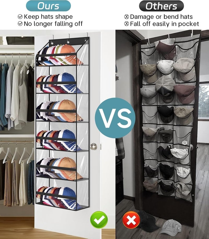 AOODA Clear Over The Door Hat Racks for Baseball Caps, Large Holds up to 72 Caps Hat Storage Organizer for Closet Wall, Deep Pockets Hanging Hat Holder with 3 Hooks, Black - Image 2