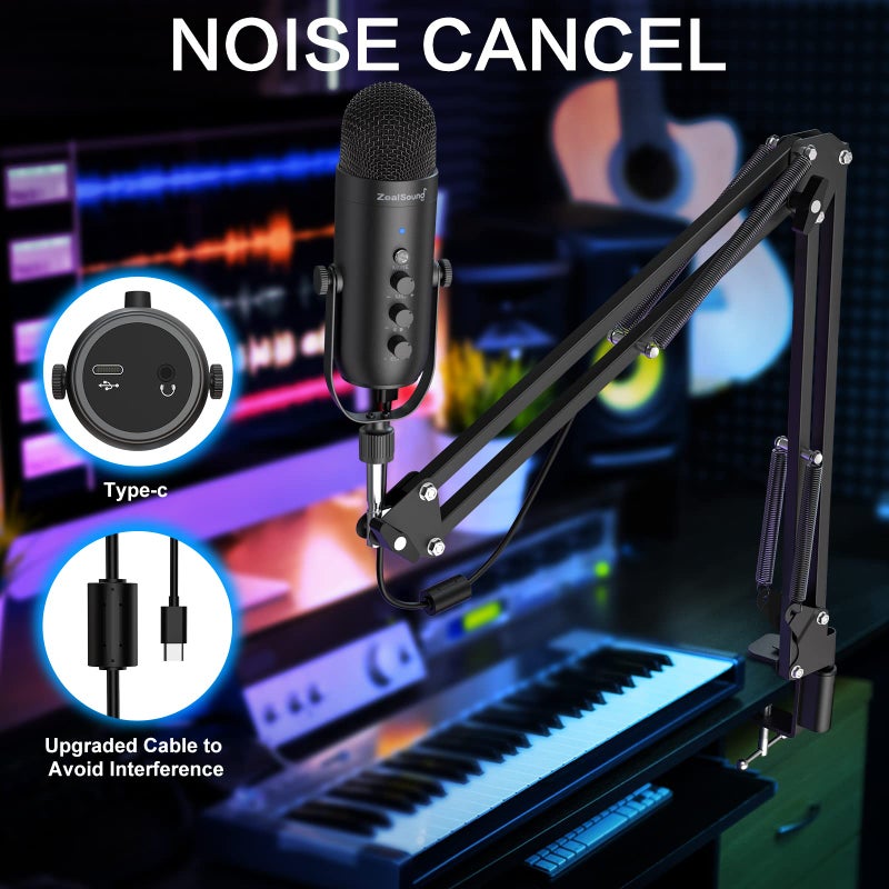 ZealSound مجموعة ميكروفون الألعاب ZealSound، ميكروفون USB مكثف للبودكاست مع ذراع متحركة، ميكروفون سوبر كارديويد مع زر كتم الصوت، مقبض ضبط حجم الصدى، ضبط المراقبة للهاتف والكمبيوتر الشخصي (أسود) - Image 4