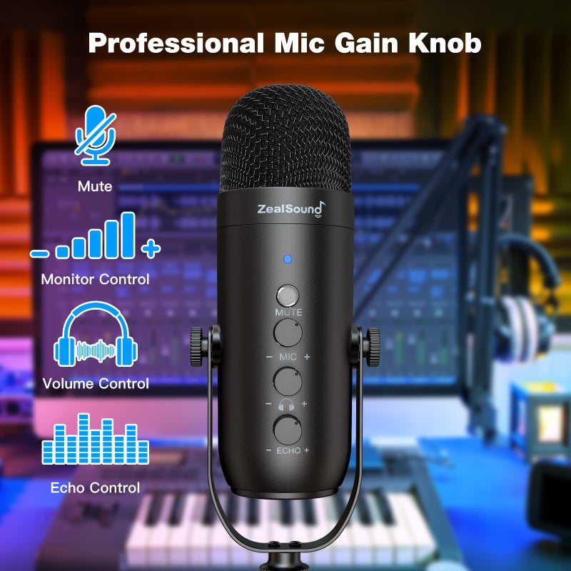 ZealSound مجموعة ميكروفون الألعاب ZealSound، ميكروفون USB مكثف للبودكاست مع ذراع متحركة، ميكروفون سوبر كارديويد مع زر كتم الصوت، مقبض ضبط حجم الصدى، ضبط المراقبة للهاتف والكمبيوتر الشخصي (أسود) - Image 5