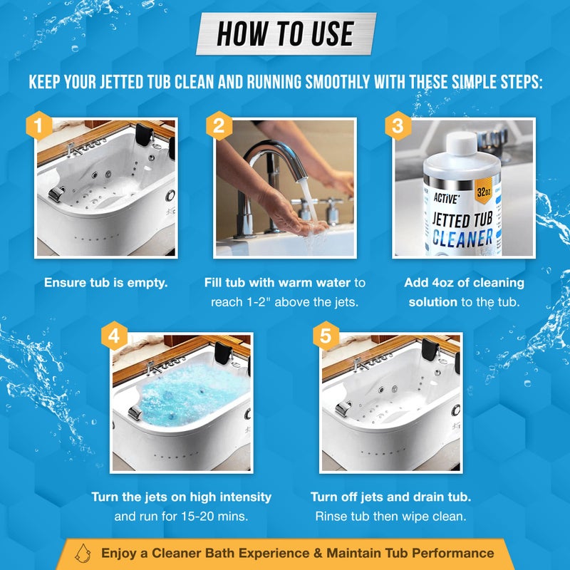 ACTIVE Jetted Tub Cleaner Bathtub Cleaning - 32oz (8 Uses) Bath Jet Cleaner For Whirlpool & Spa Bath System, Compatible with Jacuzzi Jets, Whirl Tubs, Professional Septic Safe Solution - Made in USA - Image 3