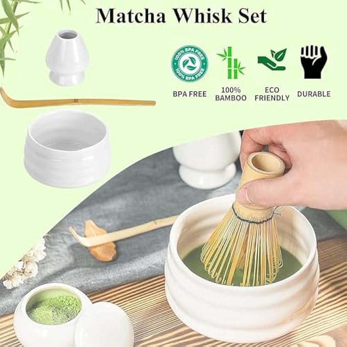 MostNow Matcha Whisk Set 4Pcs Japanese Tea SetMatcha WhiskTraditional Scoop Matcha Bowl Ceramic Whisk HolderTraditional Matcha Tool Set For Matcha Tea Ceremony White - Image 5