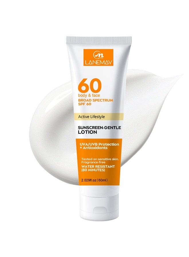 LANEMAY SUNSCREEN-GENTLELOTION with SPF 60+ Protection - Moisturizes and Nourishes Dry Skin, Protects Skin from Sunburn and Dark Spots, Reduces Fine Lines and Wrinkles - Lightweight and Non-Greasy 60ml - Image 1