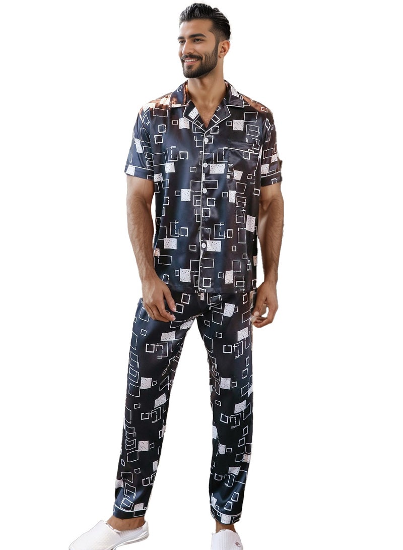 RuanMM Men's Silky Satin Pajama Set Short Sleeve Classic Sleepwear Button Down Loungewear with long Pants | Black and White - Image 1