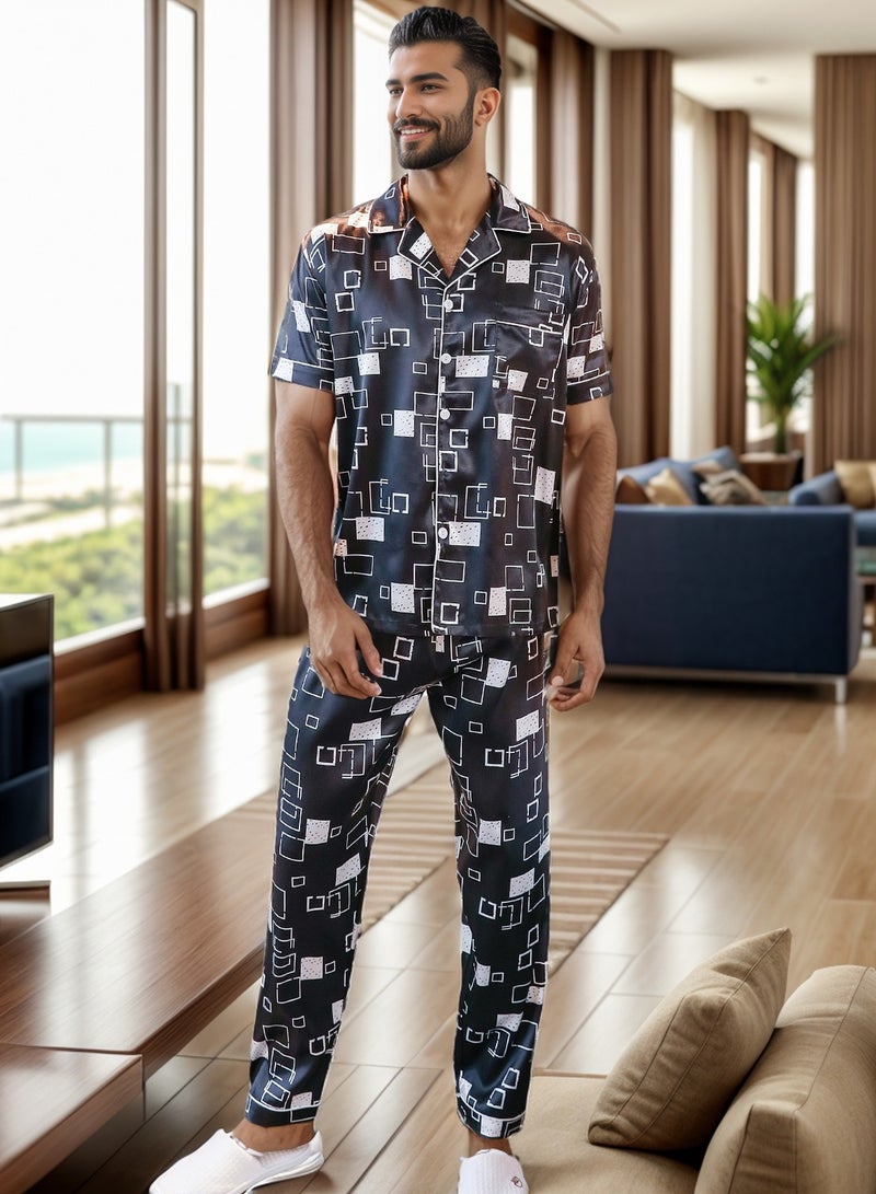 RuanMM Men's Silky Satin Pajama Set Short Sleeve Classic Sleepwear Button Down Loungewear with long Pants | Black and White - Image 2