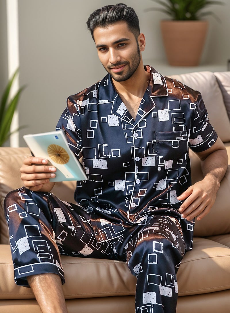 RuanMM Men's Silky Satin Pajama Set Short Sleeve Classic Sleepwear Button Down Loungewear with long Pants | Black and White - Image 3