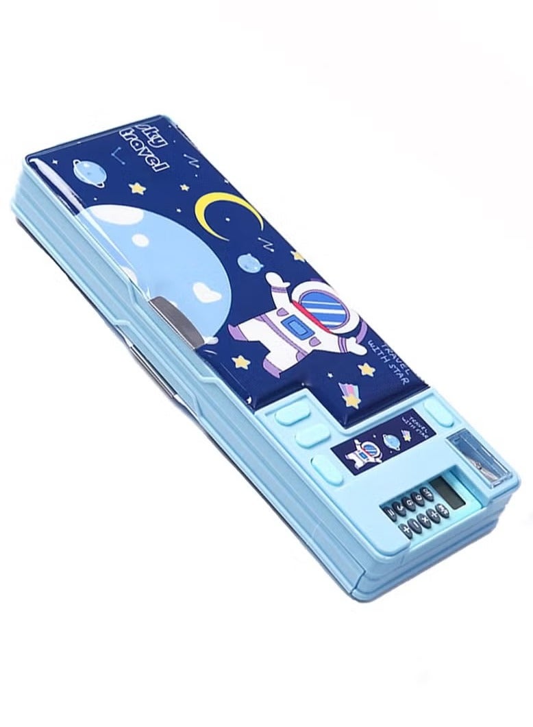 Multifunction Pencil Case with Calculator, Pencil Sharpener and Curriculum, Multiple Cute Patterns, Suitable for Elementary School Girls, Boys, Great Gifts for Kids (Light Blue) - Image 1