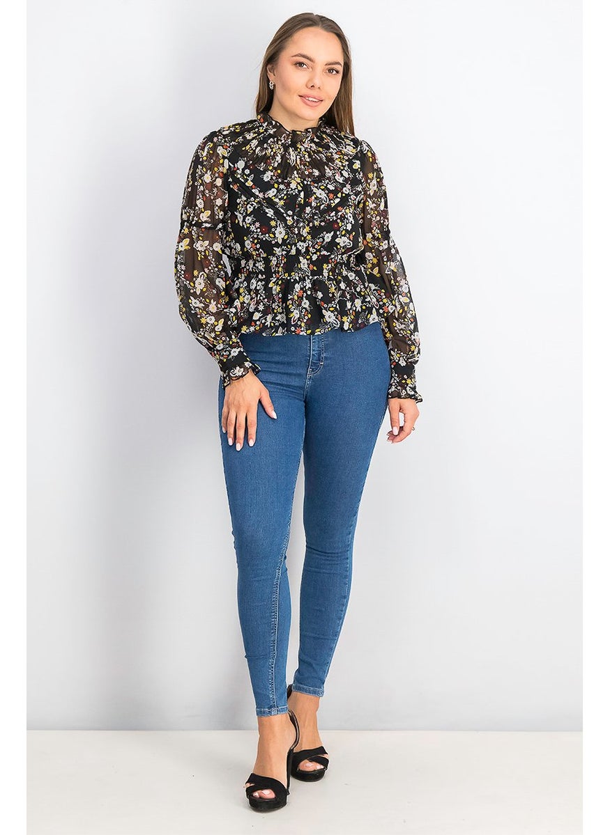 TOPSHOP Women Ruffle Neck Long Sleeves Floral Blouse, Black Combo  - Image 3