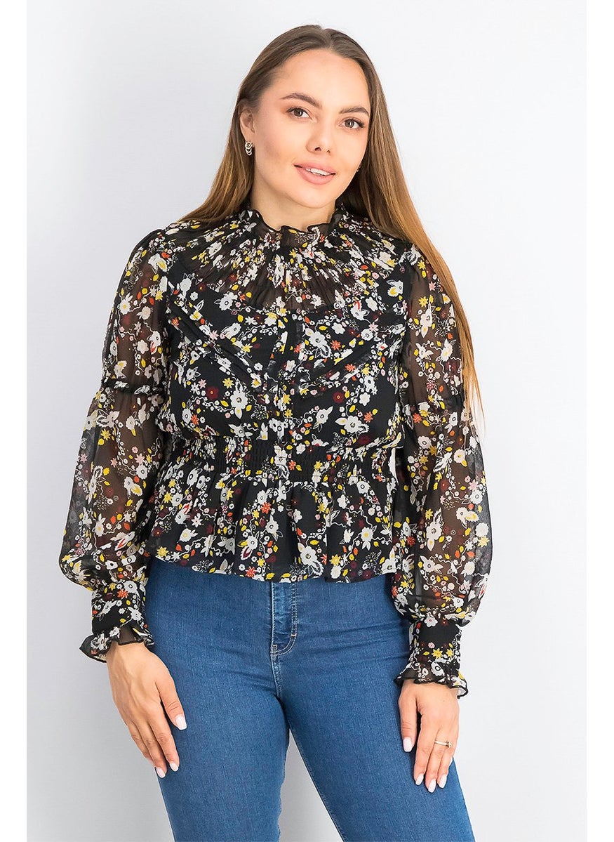 TOPSHOP Women Ruffle Neck Long Sleeves Floral Blouse, Black Combo  - Image 1