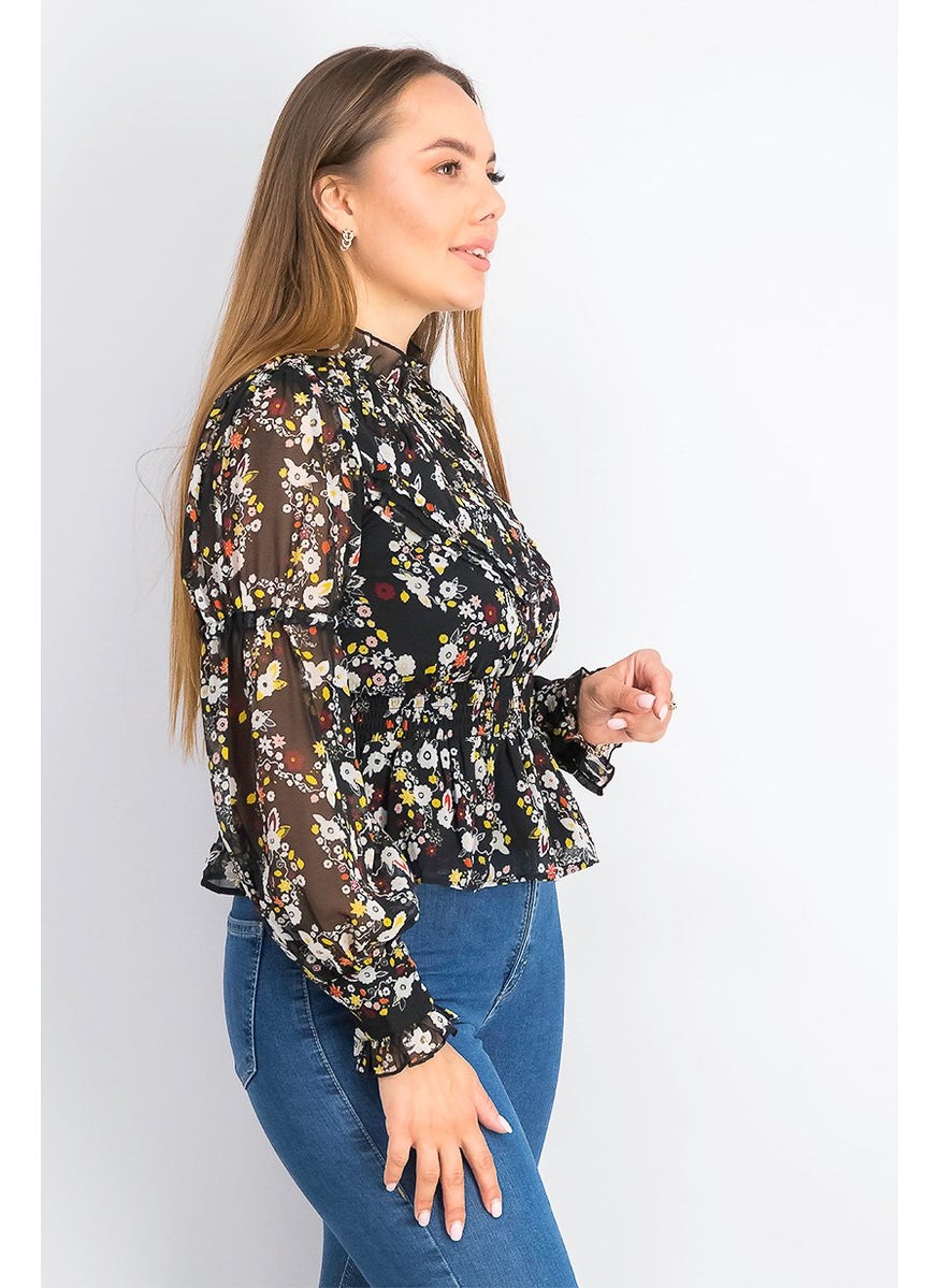 TOPSHOP Women Ruffle Neck Long Sleeves Floral Blouse, Black Combo  - Image 4