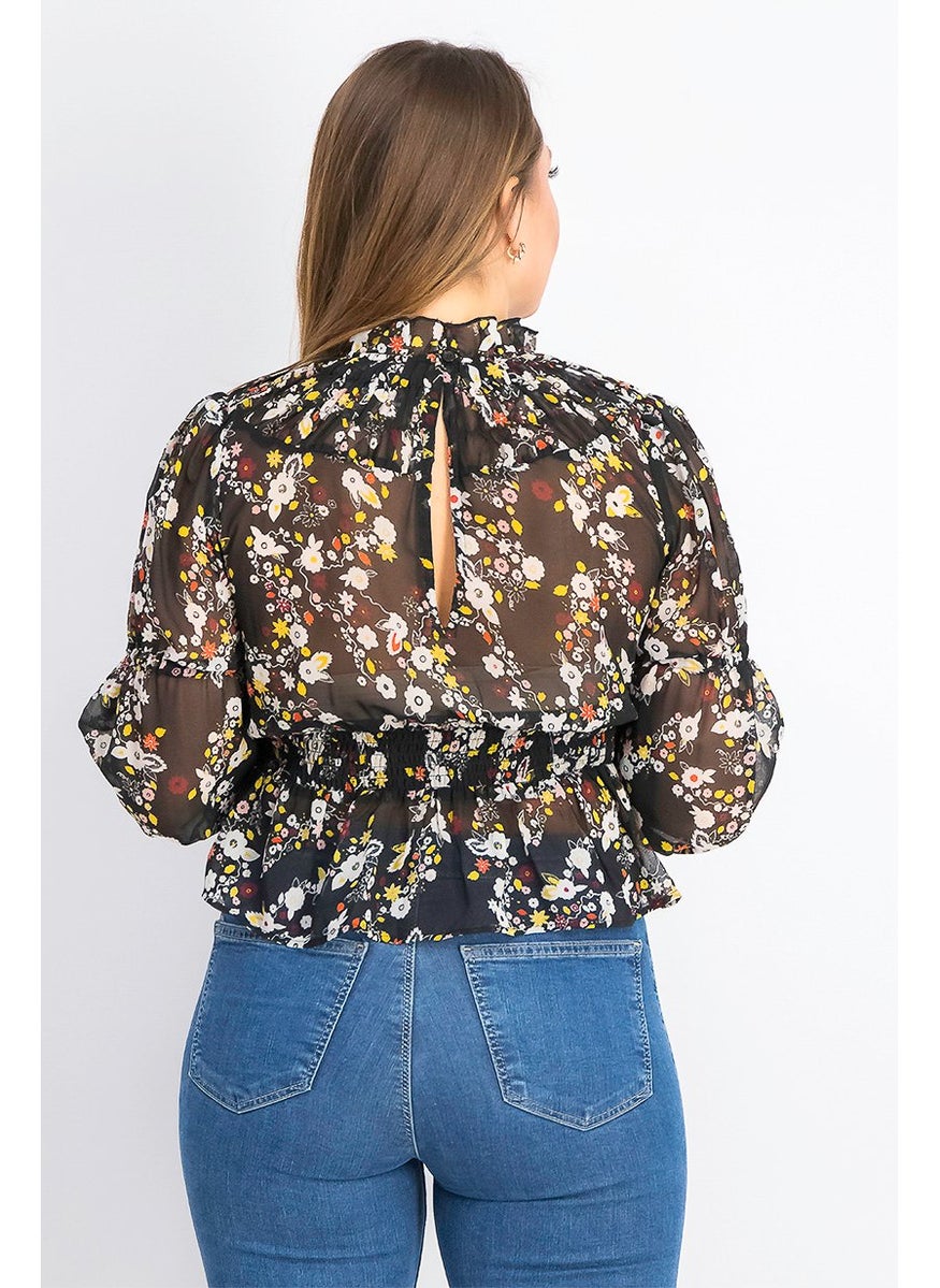 TOPSHOP Women Ruffle Neck Long Sleeves Floral Blouse, Black Combo  - Image 2