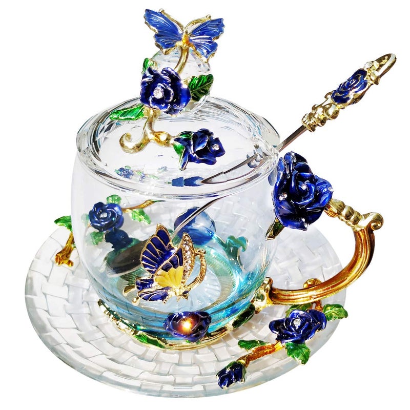 LANTREE Christmas Gift Coffee Mug Tea Cup with Lid Saucer Birthday Gift for Women Friend Mothers Valentines Day Rose Butterfly Cup Wedding AnniversaryShort Blue