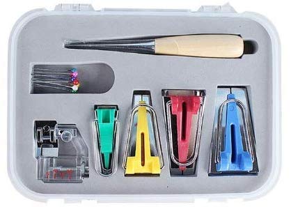 Zenith Bias Tape Maker Set with Box of Binding Snap On Foot Bias Tape Maker Awl Pin Set Quilting Sewing DIY Patchwork Quilting Tool 16pcs Grey Color Box - Image 1