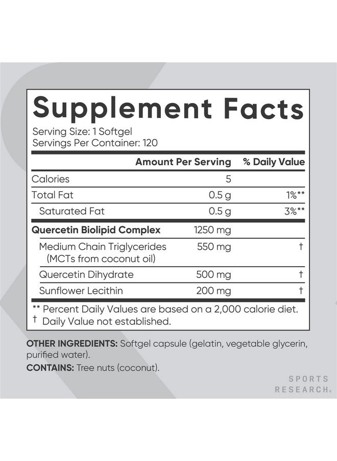 SPORTS RESEARCH - Quercetin Supplement W/Coconut Mct Oil Supports Antioxidant Activity Heart & Immune Health For Women & Men Quercetin 500Mg W/Out Bromelain Quercitain Quercitin 120 Softgels - Image 1