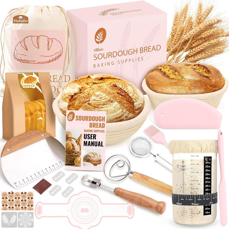 IDALIO Sourdough Starter Kit, Sourdough Bread Baking Supplies, Sour Dough Starter Kits, Pink Sourdough Kit, Baking Gifts for Women, Bread Proofing Basket, Sour Dough Bread Making Kit Tools Baking Set - Image 1