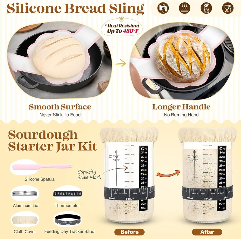IDALIO Sourdough Starter Kit, Sourdough Bread Baking Supplies, Sour Dough Starter Kits, Pink Sourdough Kit, Baking Gifts for Women, Bread Proofing Basket, Sour Dough Bread Making Kit Tools Baking Set - Image 4