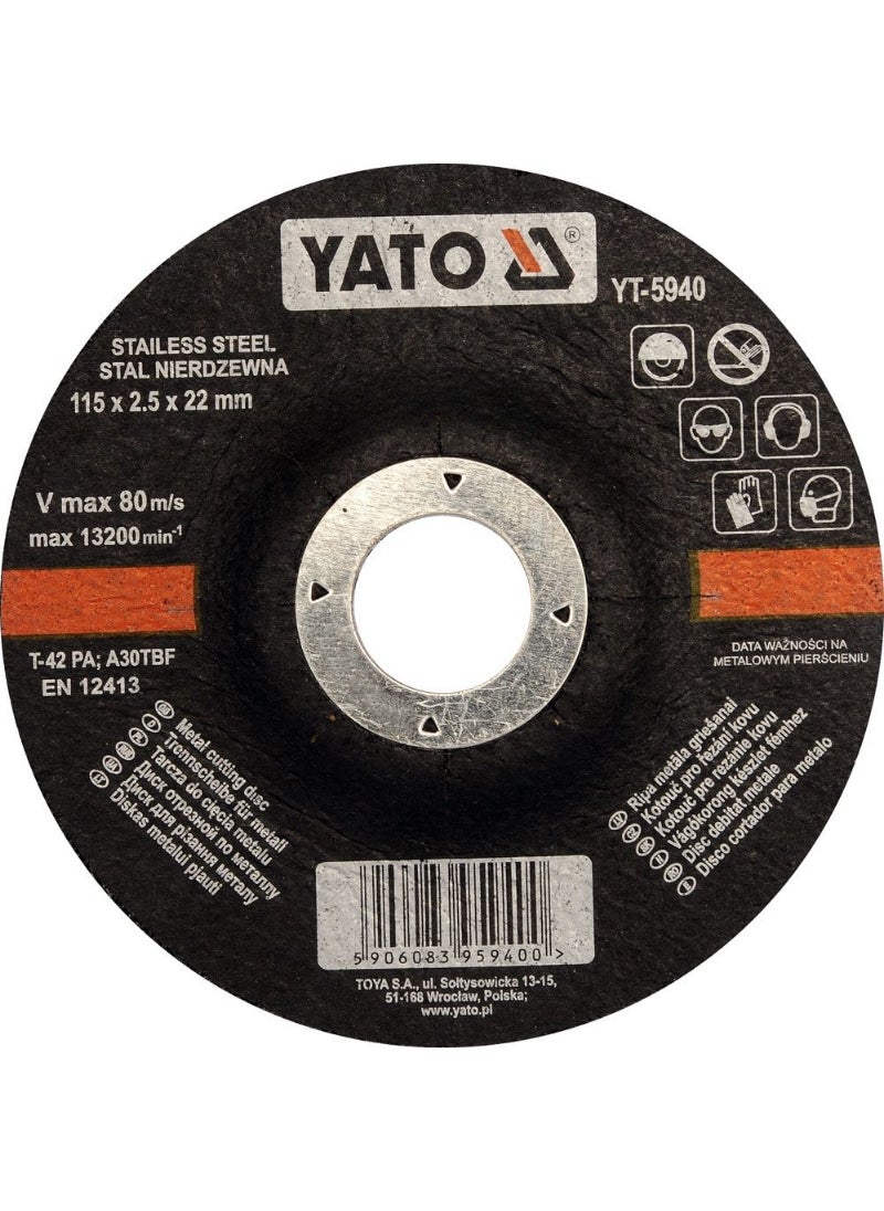 Yato YATO Inox Metal Cutting Disc 115x22x2.5mm Depressed Center  YT-5940 