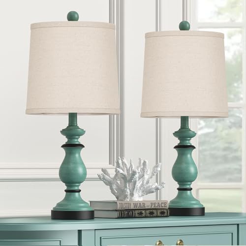 PARTPHONER Traditional Table Lamp Set of 2, Rustic Farmhouse Table Lamps for Living Room Bedroom, 22" Bedside Desk Lamps Vintage Nightstand Lamps with Linen Shades, Green - Image 1